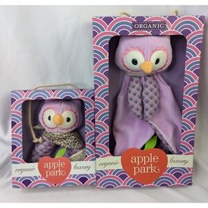 Apple Park Organic Violet Owl Rattle Lovey Security Blanket Stuffed Animal Toy